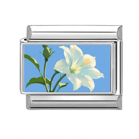Picture of 1 Piece 304 Stainless Steel Italian Charm Links For DIY Bracelet Jewelry Making Silver Tone Multicolor Rectangle Lily Flower 10mm x 9mm