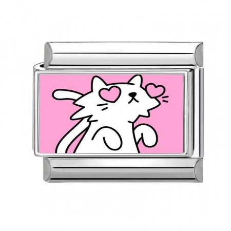 Picture of 1 Piece 304 Stainless Steel Stylish Italian Charm Links For DIY Bracelet Jewelry Making Silver Tone Pink Rectangle Cat 10mm x 9mm