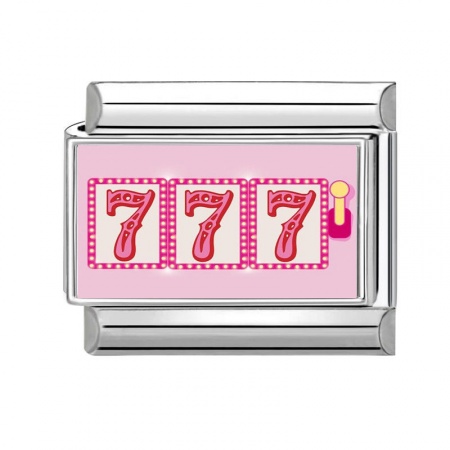Picture of 1 Piece 304 Stainless Steel Stylish Italian Charm Links For DIY Bracelet Jewelry Making Silver Tone Pink Rectangle Message " 777 " 10mm x 9mm