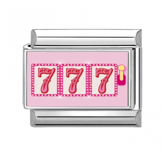 Immagine di 1 Piece 304 Stainless Steel Stylish Italian Charm Links For DIY Bracelet Jewelry Making Silver Tone Pink Rectangle Message " 777 " 10mm x 9mm