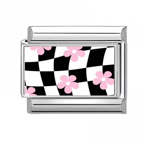 Immagine di 1 Piece 304 Stainless Steel Stylish Italian Charm Links For DIY Bracelet Jewelry Making Silver Tone Multicolor Rectangle Flower 10mm x 9mm