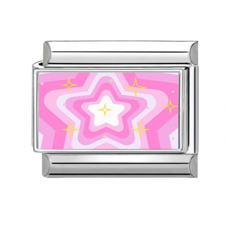 Picture of 1 Piece 304 Stainless Steel Stylish Italian Charm Links For DIY Bracelet Jewelry Making Silver Tone Pink Rectangle Pentagram Star 10mm x 9mm