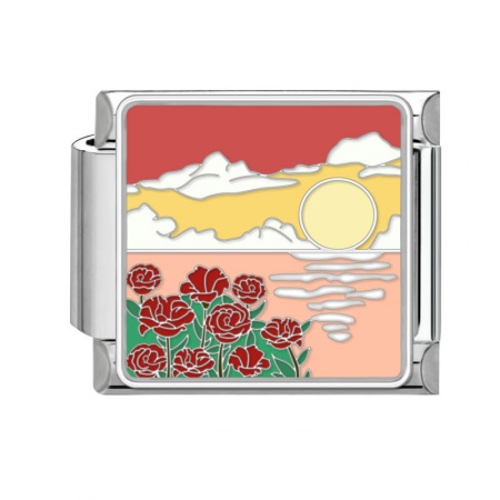 Picture of 1 Piece 304 Stainless Steel Stylish Italian Charm Links For DIY Bracelet Jewelry Making Silver Tone Multicolor Rectangle Natural Scenery 10mm x 9mm