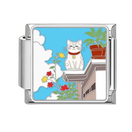 Picture of 1 Piece 304 Stainless Steel Italian Charm Links For DIY Bracelet Jewelry Making Silver Tone Multicolor Rectangle Cat 10mm x 9mm
