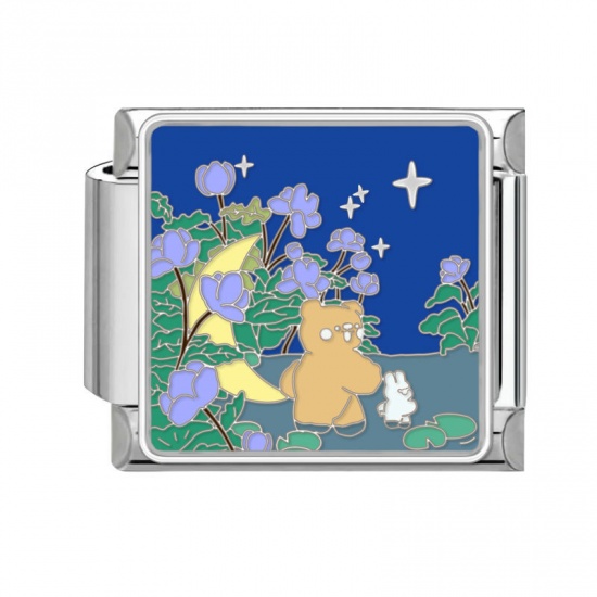 Picture of 1 Piece 304 Stainless Steel Italian Charm Links For DIY Bracelet Jewelry Making Silver Tone Multicolor Rectangle Cat 10mm x 9mm