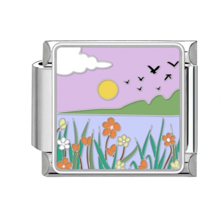Picture of 1 Piece 304 Stainless Steel Stylish Italian Charm Links For DIY Bracelet Jewelry Making Silver Tone Multicolor Rectangle Natural Scenery 10mm x 9mm