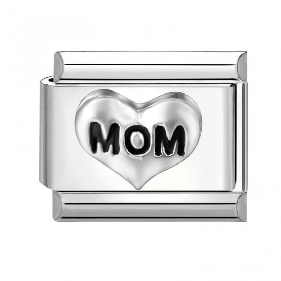 Picture of 1 Piece 304 Stainless Steel Italian Charm Links For DIY Bracelet Jewelry Making Silver Tone Black Rectangle Heart Message " Mom " 10mm x 9mm