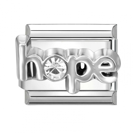 Picture of 1 Piece 304 Stainless Steel Italian Charm Links For DIY Modular Bracelet Watch Jewelry Making Wholesale Silver Tone Rectangle Message " Hope " Clear Rhinestone 10mm x 9mm
