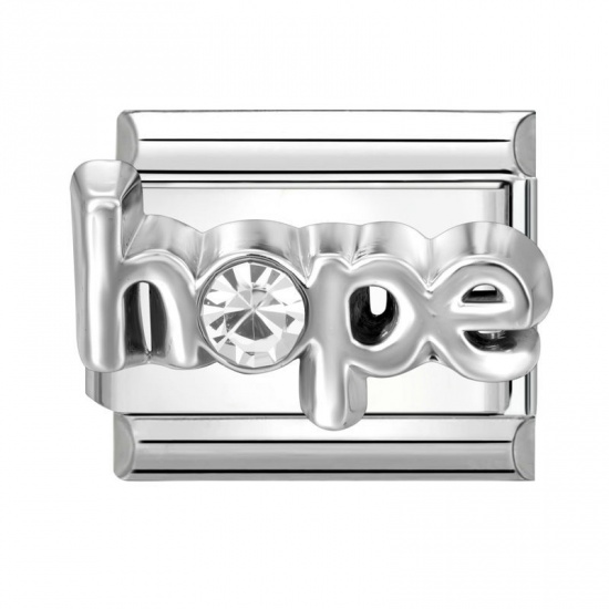 Immagine di 1 Piece 304 Stainless Steel Italian Charm Links For DIY Bracelet Jewelry Making Silver Tone Rectangle Message " Hope " Clear Rhinestone 10mm x 9mm