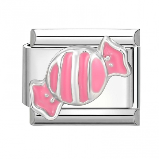 Immagine di 1 Piece 304 Stainless Steel Italian Charm Links For DIY Bracelet Jewelry Making Silver Tone Pink Rectangle Candy 10mm x 9mm