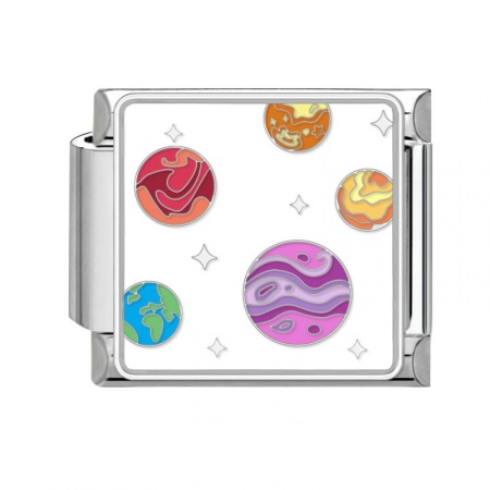 Picture of 1 Piece 304 Stainless Steel Stylish Italian Charm Links For DIY Bracelet Jewelry Making Silver Tone Multicolor Rectangle Universe Planet 10mm x 9mm