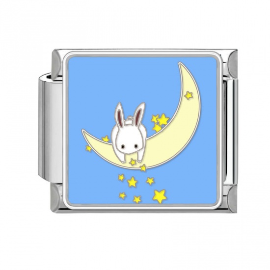 Picture of 1 Piece 304 Stainless Steel Italian Charm Links For DIY Bracelet Jewelry Making Silver Tone White Rectangle Rabbit 10mm x 9mm