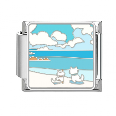 Picture of 1 Piece 304 Stainless Steel Italian Charm Links For DIY Bracelet Jewelry Making Silver Tone Multicolor Rectangle Cat 10mm x 9mm
