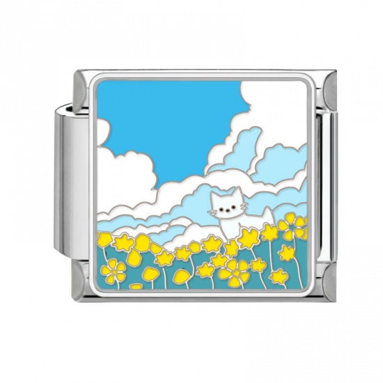 Picture of 1 Piece 304 Stainless Steel Italian Charm Links For DIY Bracelet Jewelry Making Silver Tone Multicolor Rectangle Cat 10mm x 9mm