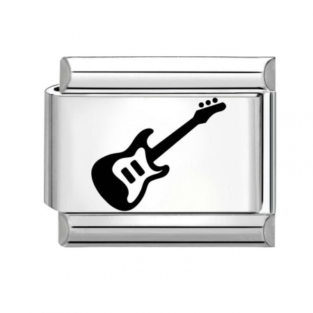 Picture of 1 Piece 304 Stainless Steel Stylish Italian Charm Links For DIY Bracelet Jewelry Making Silver Tone Black Rectangle Guitar 10mm x 9mm