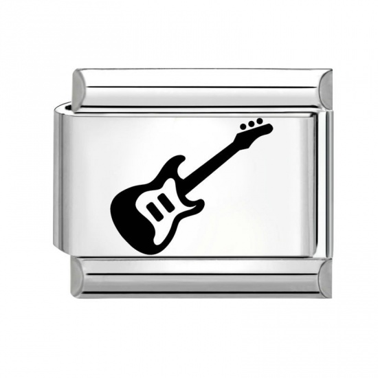 Immagine di 1 Piece 304 Stainless Steel Stylish Italian Charm Links For DIY Bracelet Jewelry Making Silver Tone Black Rectangle Guitar 10mm x 9mm