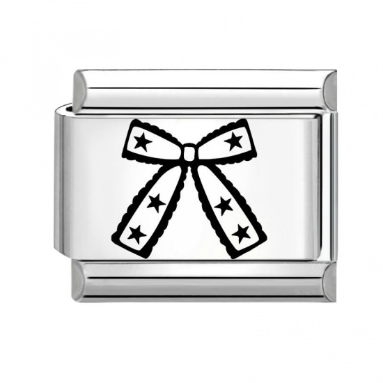 Immagine di 1 Piece 304 Stainless Steel Stylish Italian Charm Links For DIY Bracelet Jewelry Making Silver Tone Black Rectangle Bowknot 10mm x 9mm