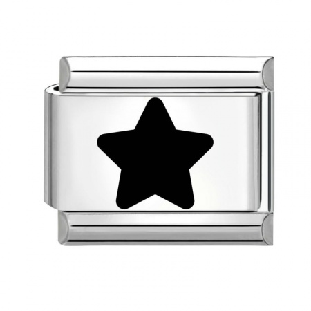 Picture of 1 Piece 304 Stainless Steel Stylish Italian Charm Links For DIY Bracelet Jewelry Making Silver Tone Black Rectangle Pentagram Star 10mm x 9mm