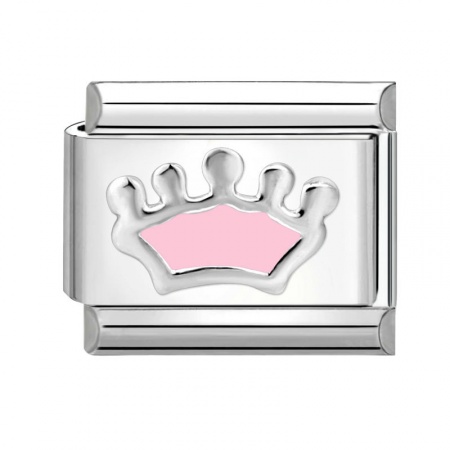 Picture of 1 Piece 304 Stainless Steel Italian Charm Links For DIY Bracelet Jewelry Making Silver Tone Pink Rectangle Crown 10mm x 9mm