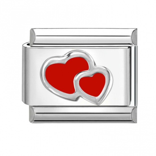 Immagine di 1 Piece 304 Stainless Steel Valentine's Day Italian Charm Links For DIY Bracelet Jewelry Making Silver Tone Red Rectangle Heart 10mm x 9mm