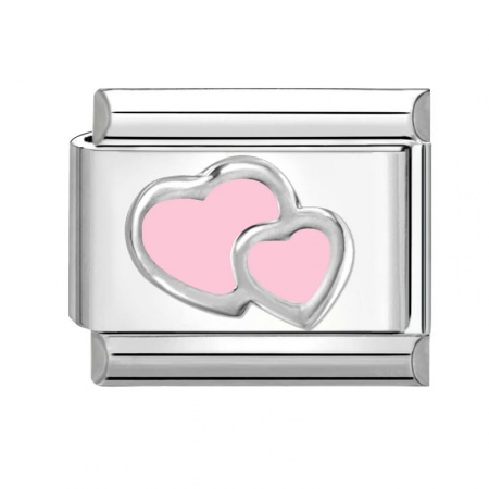 Picture of 1 Piece 304 Stainless Steel Italian Charm Links For DIY Bracelet Jewelry Making Silver Tone Pink Rectangle Heart 10mm x 9mm