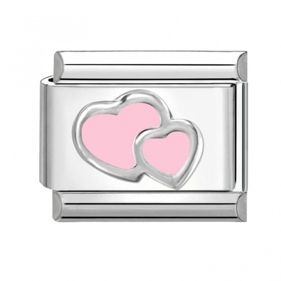 Immagine di 1 Piece 304 Stainless Steel Italian Charm Links For DIY Bracelet Jewelry Making Silver Tone Pink Rectangle Heart 10mm x 9mm