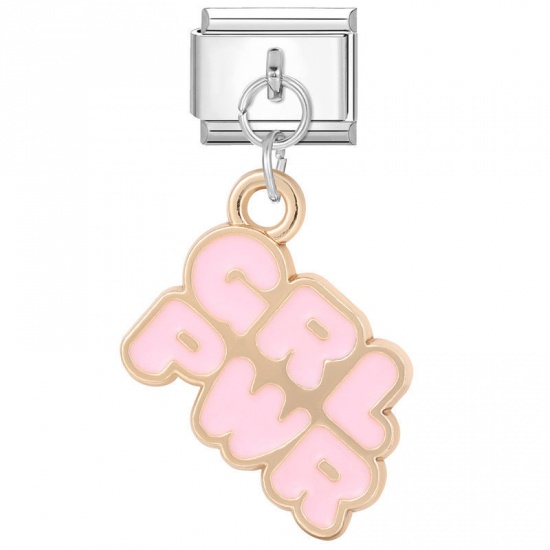 Immagine di 1 Piece 304 Stainless Steel Stylish Italian Charm Links For DIY Bracelet Jewelry Making Silver Tone Pink Rectangle Message " GRL PWR " 10mm x 9mm