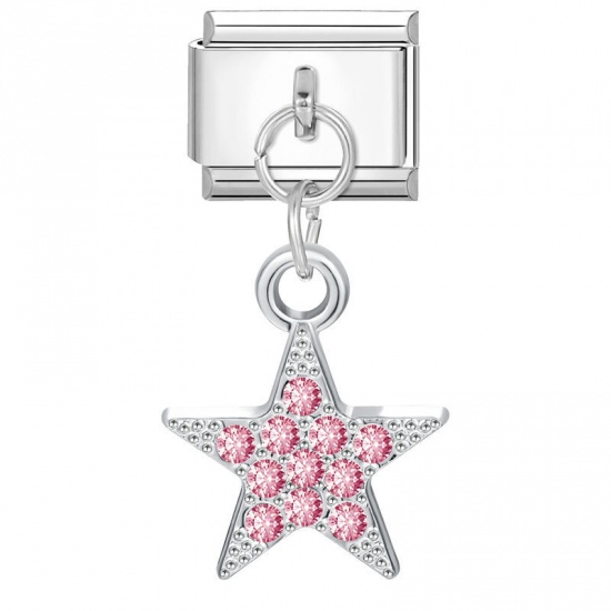 Immagine di 1 Piece 304 Stainless Steel Stylish Italian Charm Links For DIY Bracelet Jewelry Making Silver Tone Pentagram Star Pink Rhinestone 10mm x 9mm