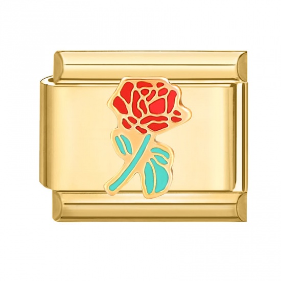 Immagine di 1 Piece 304 Stainless Steel Stylish Italian Charm Links For DIY Bracelet Jewelry Making Gold Plated Multicolor Rectangle Rose Flower 10mm x 9mm