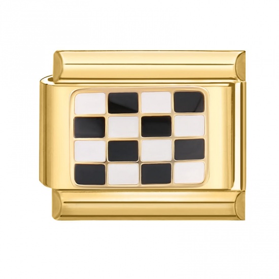 Immagine di 1 Piece 304 Stainless Steel Stylish Italian Charm Links For DIY Bracelet Jewelry Making Gold Plated Black Rectangle Grid Checker 10mm x 9mm