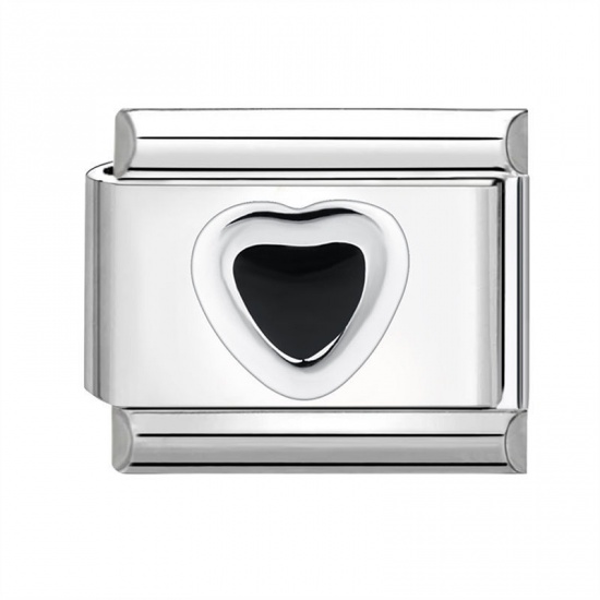 Immagine di 1 Piece 304 Stainless Steel Valentine's Day Italian Charm Links For DIY Bracelet Jewelry Making Silver Tone Black Rectangle Heart 10mm x 9mm