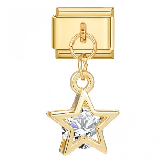 Immagine di 1 Piece 304 Stainless Steel Stylish Italian Charm Links For DIY Bracelet Jewelry Making Gold Plated Pentagram Star Clear Rhinestone 10mm x 9mm