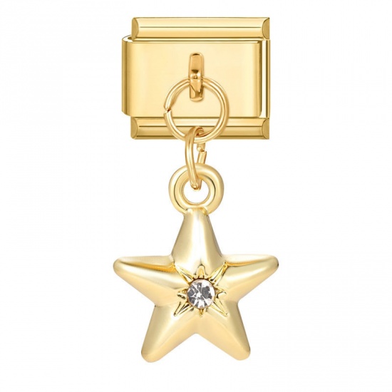 Immagine di 1 Piece 304 Stainless Steel Stylish Italian Charm Links For DIY Bracelet Jewelry Making Gold Plated Pentagram Star Clear Rhinestone 10mm x 9mm