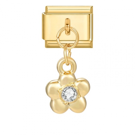 Picture of 1 Piece 304 Stainless Steel & Zinc Based Alloy Stylish Italian Charm Links For DIY Modular Bracelet Watch Jewelry Making Wholesale Gold Plated Flower Clear Rhinestone 10mm x 9mm