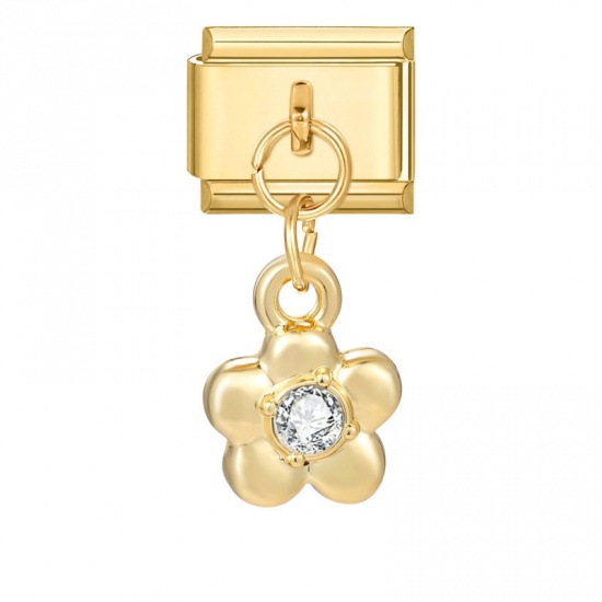 Immagine di 1 Piece 304 Stainless Steel Stylish Italian Charm Links For DIY Bracelet Jewelry Making Gold Plated Flower Clear Rhinestone 10mm x 9mm