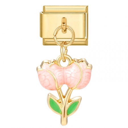 Picture of 1 Piece 304 Stainless Steel & Zinc Based Alloy Stylish Italian Charm Links For DIY Modular Bracelet Watch Jewelry Making Wholesale Gold Plated Multicolor Tulip Flower 10mm x 9mm