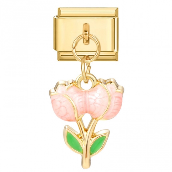 Immagine di 1 Piece 304 Stainless Steel Stylish Italian Charm Links For DIY Bracelet Jewelry Making Gold Plated Multicolor Tulip Flower 10mm x 9mm
