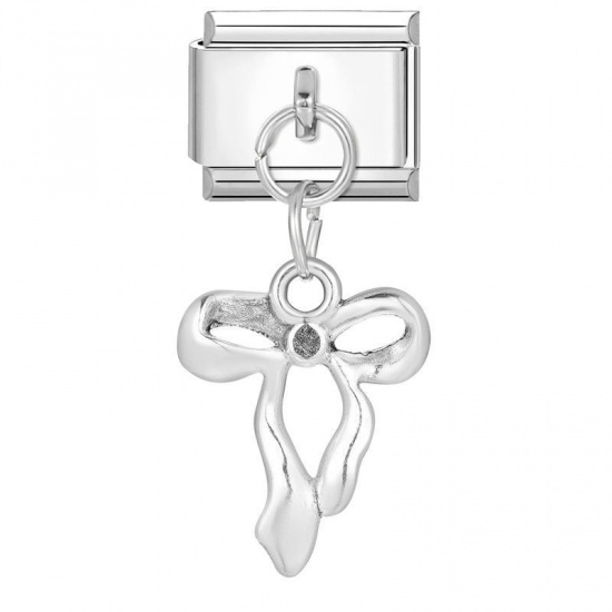 Picture of 1 Piece 304 Stainless Steel Stylish Italian Charm Links For DIY Bracelet Jewelry Making Silver Tone Bowknot 10mm x 9mm