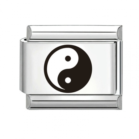 Picture of 1 Piece 304 Stainless Steel Stylish Italian Charm Links For DIY Bracelet Jewelry Making Silver Tone Black Rectangle Yin Yang Symbol 10mm x 9mm