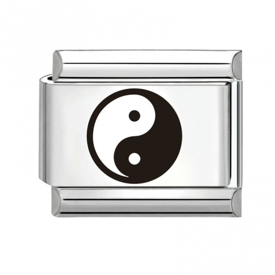 Immagine di 1 Piece 304 Stainless Steel Stylish Italian Charm Links For DIY Bracelet Jewelry Making Silver Tone Black Rectangle Yin Yang Symbol 10mm x 9mm