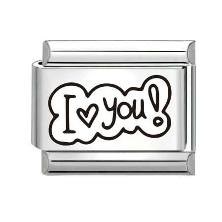 Picture of 1 Piece 304 Stainless Steel Stylish Italian Charm Links For DIY Bracelet Jewelry Making Silver Tone Black Rectangle Message " I Love you " 10mm x 9mm