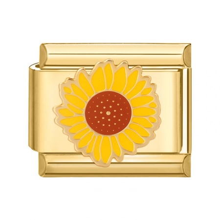 Picture of 1 Piece 304 Stainless Steel Stylish Italian Charm Links For DIY Bracelet Jewelry Making Gold Plated Yellow Rectangle Sunflower 10mm x 9mm