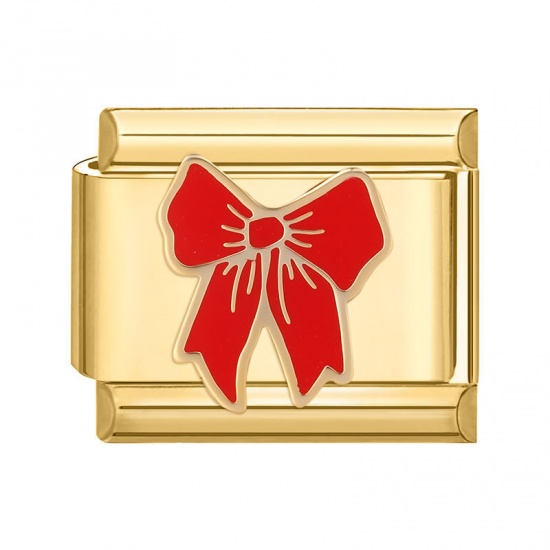 Immagine di 1 Piece 304 Stainless Steel Stylish Italian Charm Links For DIY Bracelet Jewelry Making Gold Plated Red Rectangle Bowknot 10mm x 9mm