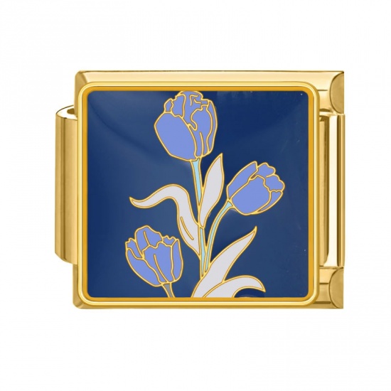 Picture of 1 Piece 304 Stainless Steel Italian Charm Links For DIY Bracelet Jewelry Making Gold Plated Multicolor Rectangle Flower 10mm x 9mm