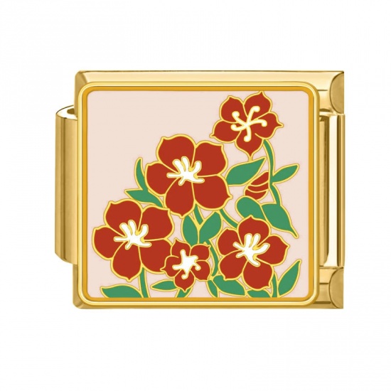 Picture of 1 Piece 304 Stainless Steel Italian Charm Links For DIY Bracelet Jewelry Making Gold Plated Multicolor Rectangle Flower 10mm x 9mm