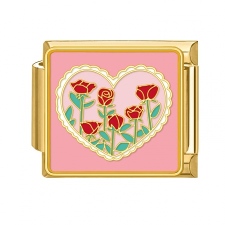 Picture of 1 Piece 304 Stainless Steel Valentine's Day Italian Charm Links For DIY Bracelet Jewelry Making Gold Plated Multicolor Rectangle Heart 10mm x 9mm