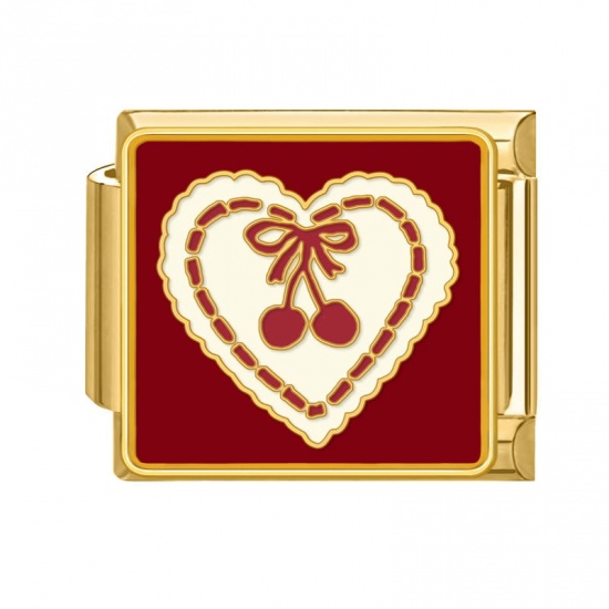 Picture of 1 Piece 304 Stainless Steel Valentine's Day Italian Charm Links For DIY Bracelet Jewelry Making Gold Plated Red Rectangle Heart 10mm x 9mm