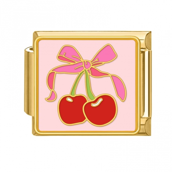 Picture of 1 Piece 304 Stainless Steel Italian Charm Links For DIY Bracelet Jewelry Making Gold Plated Multicolor Rectangle Cherry Fruit 10mm x 9mm