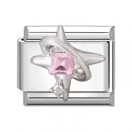Picture of 1 Piece 304 Stainless Steel Stylish Italian Charm Links For DIY Modular Bracelet Watch Jewelry Making Wholesale Silver Tone Rectangle Star Pink Rhinestone 10mm x 9mm