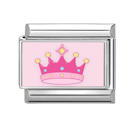 Picture of 1 Piece 304 Stainless Steel Stylish Italian Charm Links For DIY Bracelet Jewelry Making Silver Tone Pink Rectangle Crown 10mm x 9mm